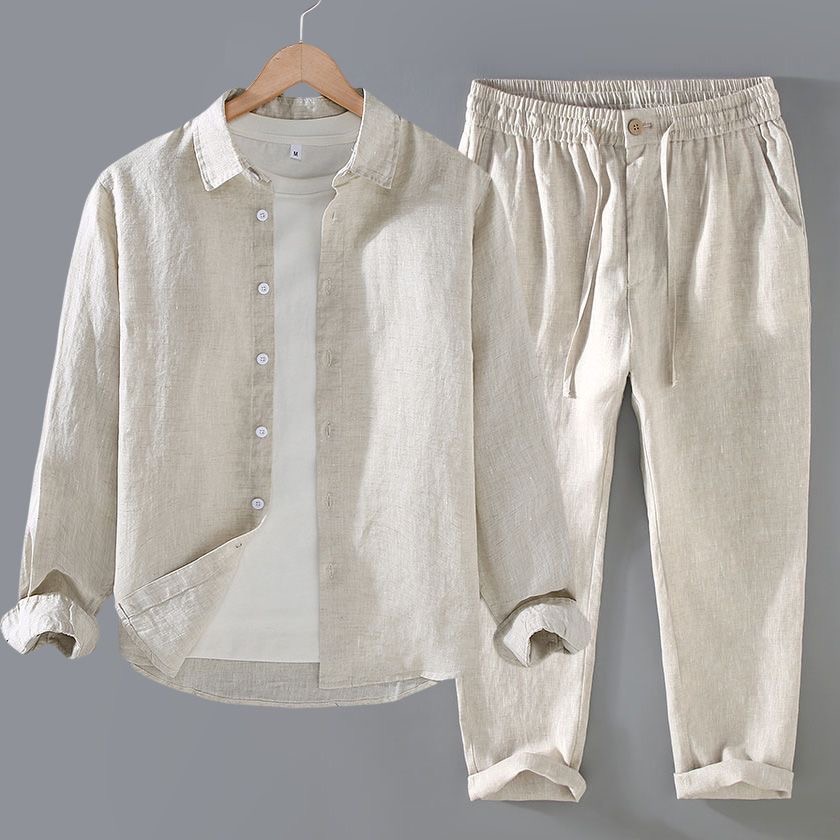 Linen Shirt Breathable - 고급 순면 세트 남성 긴팔 캐주얼