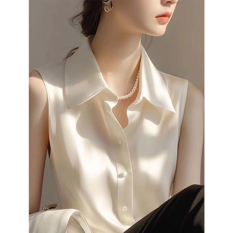 봄과 여름 여성을위한 프렌치 새틴 폴로 칼라 민소매 조 - Shirt Camp Collar 리뷰 및 가격
