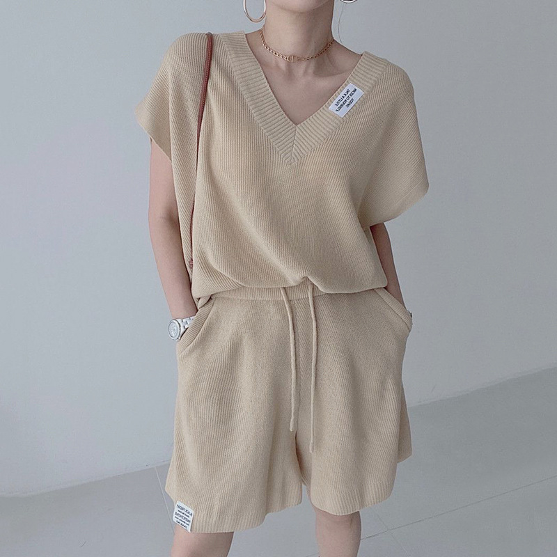 여성 투피스 니트 세트 반팔 브이넥 탑 드로스트링 미니 - Short Linen Drawstring 리뷰 및 가격