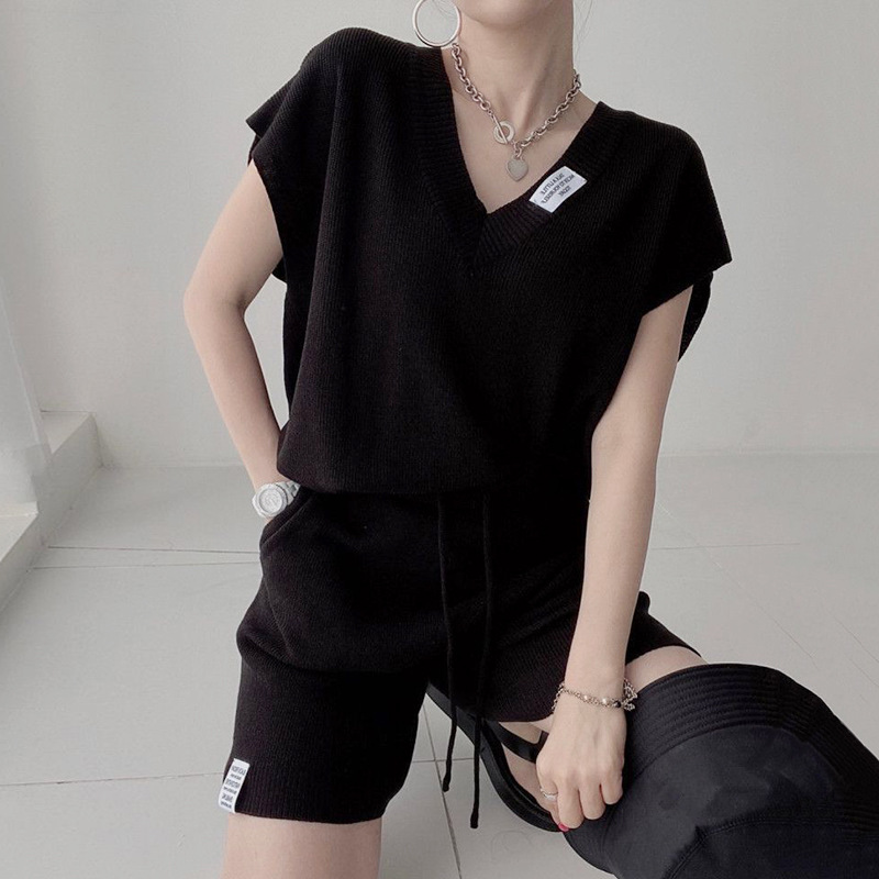 여성 투피스 니트 세트 반팔 브이넥 탑 드로스트링 미니 - Short Linen Drawstring 리뷰 및 가격